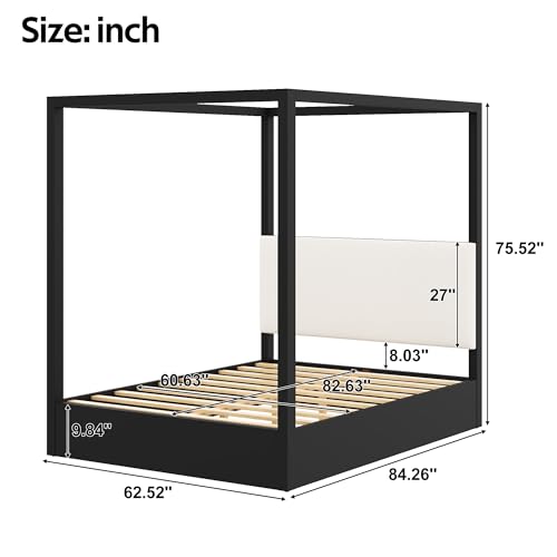 Queen Size Canopy Platform Bed with Upholstered Headboard, Black, view 4