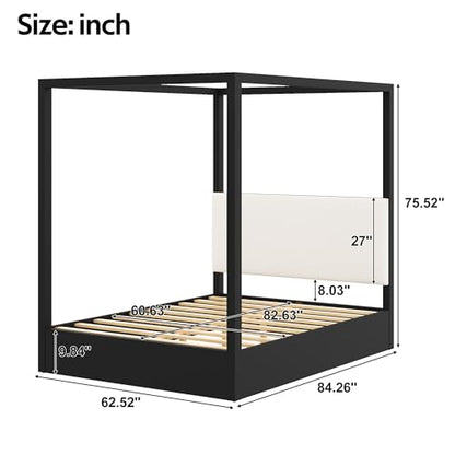 Queen Size Canopy Platform Bed with Upholstered Headboard, Black, view 4