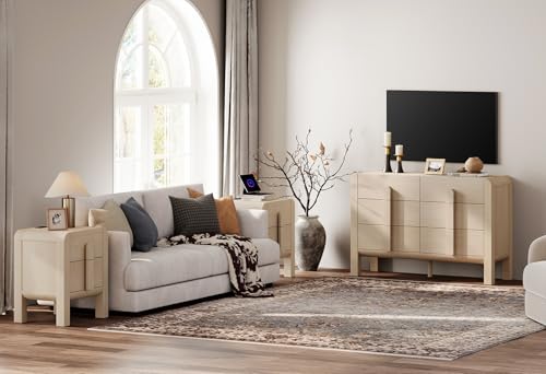3 Piece Dresser and Nightstand Sets for Bedroom, 47.2" W Modern 6 Drawer Dresser & 23.7” Tall Nightstand Set of 2 with Charging Station for Bedroom, Curved Profile Design, Beige