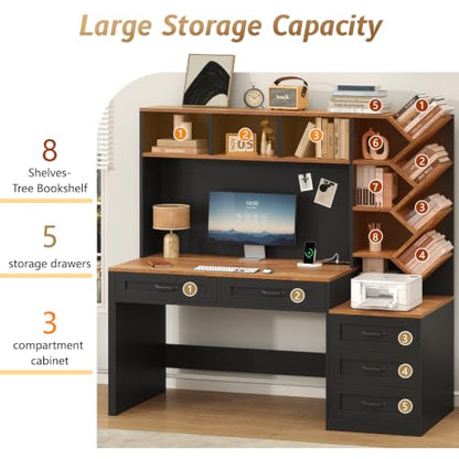 55" Computer Desk with Bookshelf, Drawers ＆ Hutch for Bedroom, Home Office, view 8