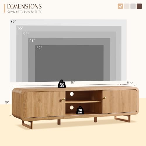 65" Curved TV Stand with Storage for TVs Up to 75", Sliding Doors, Natural, view 3
