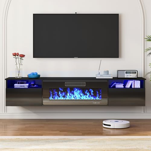 70" Floating TV Stand with 36" Electric Fireplace Heater, Black, view 4