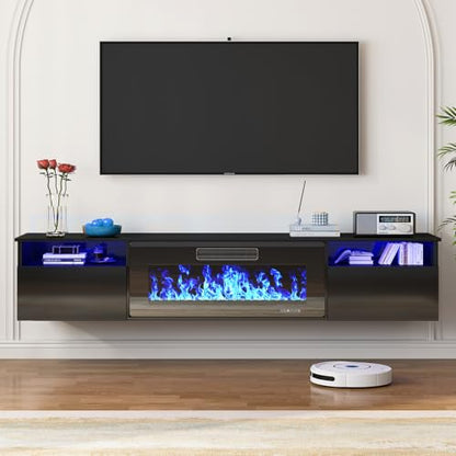 70" Floating TV Stand with 36" Electric Fireplace Heater, Black, view 4