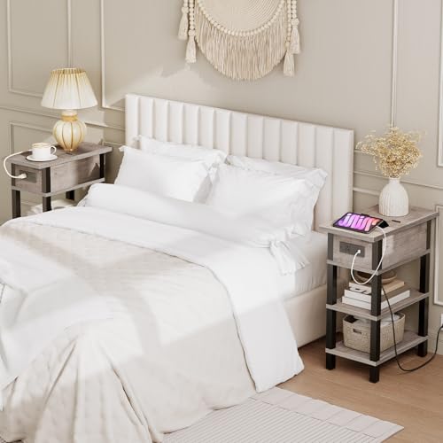 End Table with Charging Station, Flip Top Side Table with USB Ports, Narrow Nightstand Bedside Tables with Storage Shelves, for Small Space, Living Room,Greige and Black BG141UBZ01