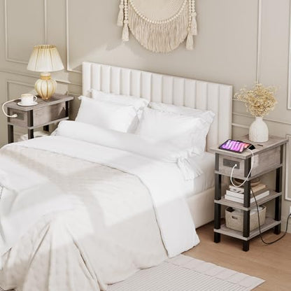 End Table with Charging Station, Flip Top Side Table with USB Ports, Narrow Nightstand Bedside Tables with Storage Shelves, for Small Space, Living Room,Greige and Black BG141UBZ01