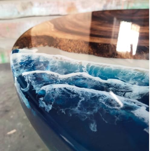 RESINHOMEFURNITURE Stunning Ocean-Inspired Resin Epoxy Table with Natural Wood Grain—Handcrafted Round Live Edge Table Deep Blue Waves and Coastal Charm (Without Stand, 18 x 18 Inches)