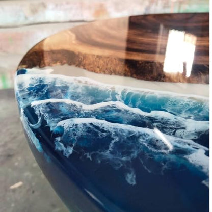 RESINHOMEFURNITURE Stunning Ocean-Inspired Resin Epoxy Table with Natural Wood Grain—Handcrafted Round Live Edge Table Deep Blue Waves and Coastal Charm (Without Stand, 18 x 18 Inches)