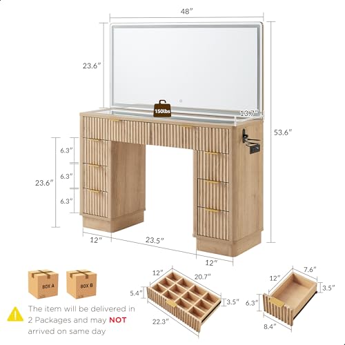 48" Fluted Makeup Vanity Desk with Led Lighted Mirror, Natural Oak, view 3