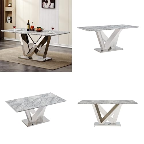 Marble Dining Table for 6 People, 70'' Rectangle Faux Marble Dining Table with Mirrored Stainless Steel Base, Large Size Marble Kitchen Table (Silver,Grey)(ONLY Table)