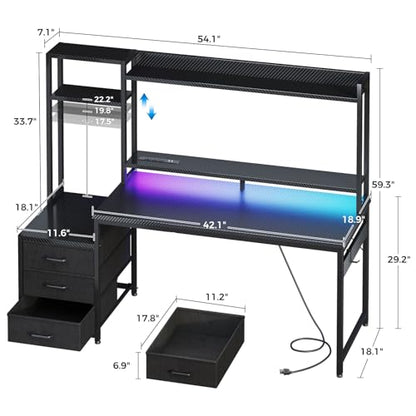 55 Inch Gaming Desk with Hutch & LED Lights & PC Tower Stand, view 4