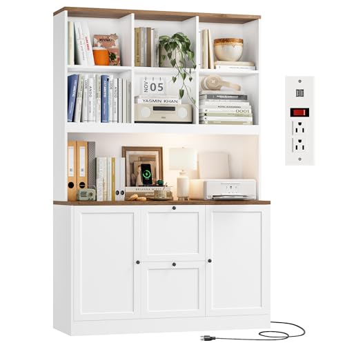 72'' Tall File Bookcase with Power Outlet & Printer Stand, 2 Filing Drawers, view 2
