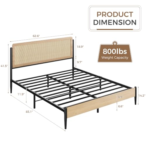 Natural Rattan Queen Bed Frame with Wooden Headboard, view 3