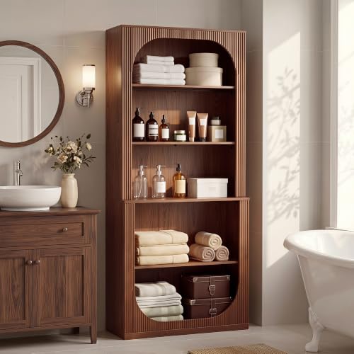 71" Tall Arched Bookcase, 5 Tier Fluted Wood Arched Bookshelf, view 7