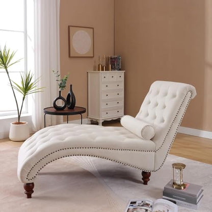 Velvet Tufted Chaise Lounge, Upholstered Sofa Chair with Wood Legs Beige, view 5