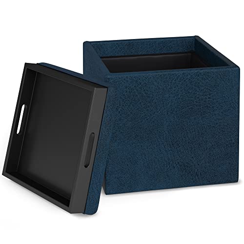 Rockwood Cube Storage Ottoman with Tray - 17" Wide x 17" High Upholstered Vegan Leather Square Storage Ottoman in Distressed Dark Blue, Contemporary Cube Ottoman with Serving Tray