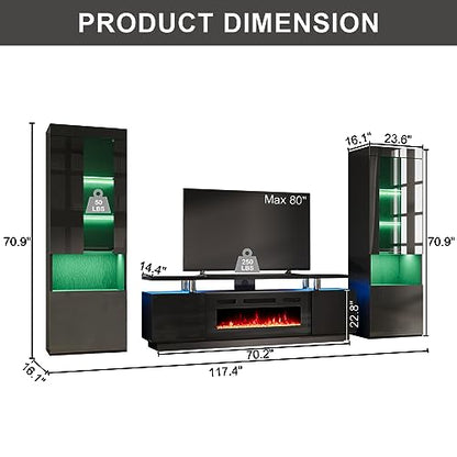 70" Fireplace Entertainment Center with Bookcases Set of 3, Black, view 3