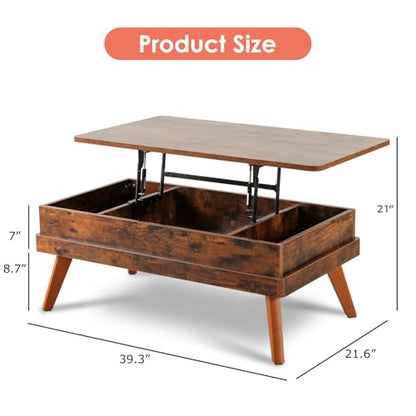 Lift Top Coffee Table, Easy-to-Assembly Center Table with Hidden Storage Compartment, Industrial Lift Tabletop Dining Table for Living Room Reception/Home Office, Rustic Brown
