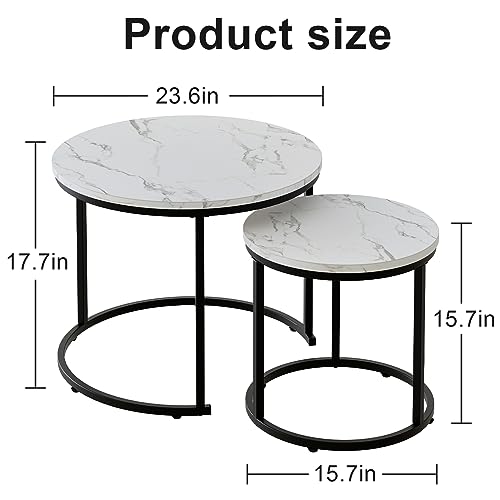 Round Nesting Coffee Table Side Table Set of 2 End Tables for Living Room Bedroom Balcony, White Faux Marble Wooden Table Accent Coffee Table with Black Steel Frame