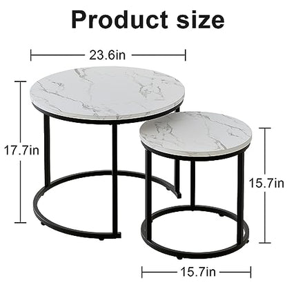 Round Nesting Coffee Table Side Table Set of 2 End Tables for Living Room Bedroom Balcony, White Faux Marble Wooden Table Accent Coffee Table with Black Steel Frame