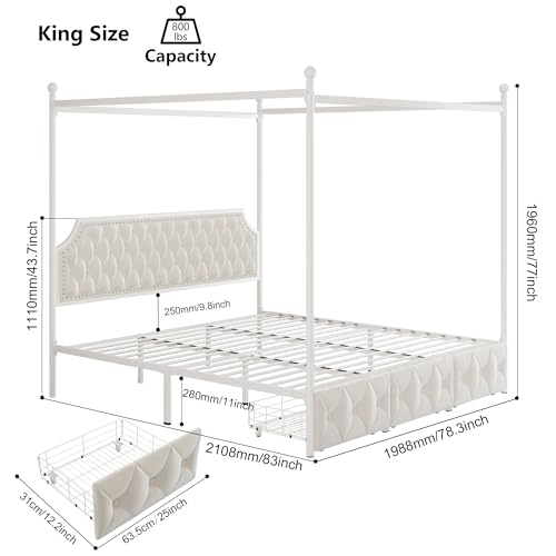 King Upholstered Canopy Bed Frame with 3 Storage Drawers & Button Tufted, view 4