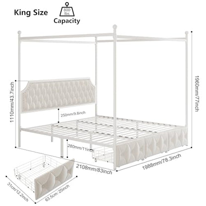 King Upholstered Canopy Bed Frame with 3 Storage Drawers & Button Tufted, view 4