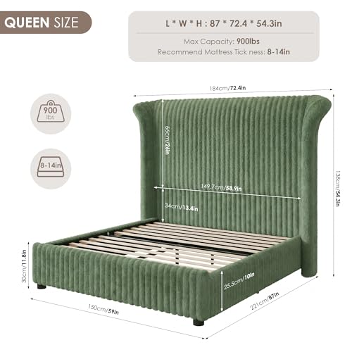 Queen Faux-Fur Upholstered Bed Frame with 54" Channeled Wingback Headboard, view 3