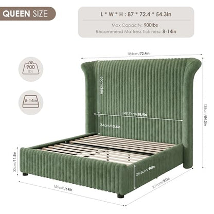 Queen Faux-Fur Upholstered Bed Frame with 54" Channeled Wingback Headboard, view 3