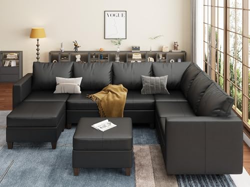Faux Leather Sectional Sofa with Storage,Large U Shaped Faux Leather Modular Couch Sofa, Black