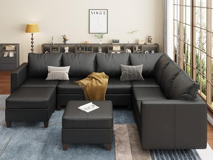 Faux Leather Sectional Sofa with Storage,Large U Shaped Faux Leather Modular Couch Sofa, Black