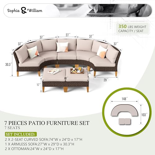Half Moon Patio Furniture Set 7 Piece Outdoor Sectional Sofa Set, Wicker Patio Conversation Set with 2 Curved Sofa, 1 Armless Chairs, 2 Ottoman for Pool, Deck, Lawn (Beige)