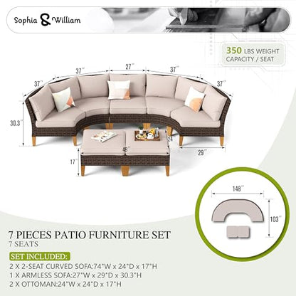 Half Moon Patio Furniture Set 7 Piece Outdoor Sectional Sofa Set, Wicker Patio Conversation Set with 2 Curved Sofa, 1 Armless Chairs, 2 Ottoman for Pool, Deck, Lawn (Beige)