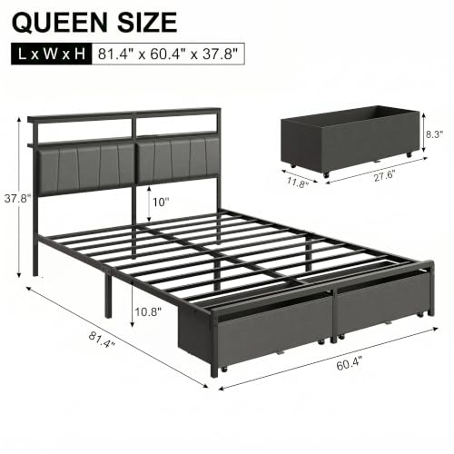 Queen Bed Frame with Storage Drawers and Charging Station, Grey, view 3