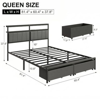 Queen Bed Frame with Storage Drawers and Charging Station, Grey, view 3
