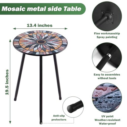 1 Pack Metal Mosaic Round Side Table Small 13.4" End Patio Round Accent Table Garden Corner Stand for Small Spaces Weather-Resistant for Balcony Plant Stand Indoor Outdoor