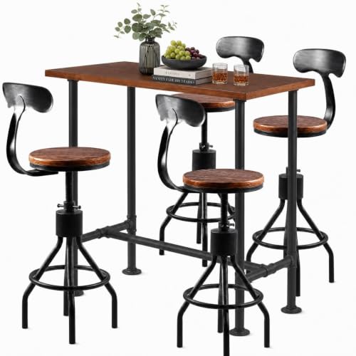 Industrial Bar Table with Set of 4 Bar Stools with Back Rustic 5 Pieces Dining, view 2