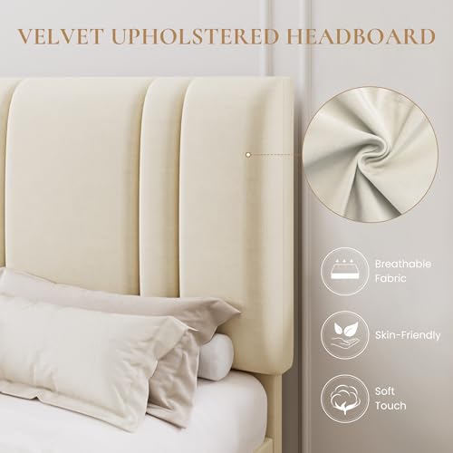 Queen Velvet Bed Frame in Cream with Adjustable Head, view 5