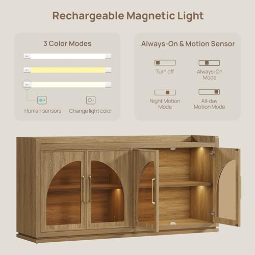 Sideboard Buffet Cabinet with Storage, LED Lights, Arch Glass Doors, view 6