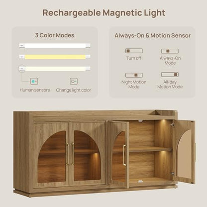 Sideboard Buffet Cabinet with Storage, LED Lights, Arch Glass Doors, view 6