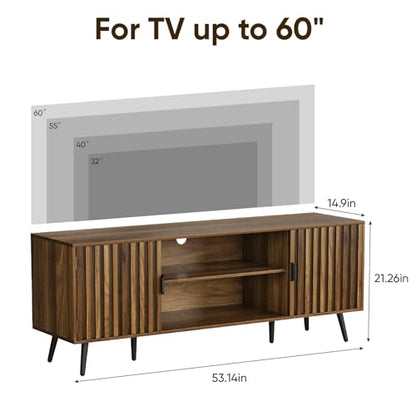 53" Fluted TV Stand with for TVs up to 60 Inch, Entertainment Center with Storage and Adjustable Shelves, Farmhouse Media Console for Living Room, Walnut