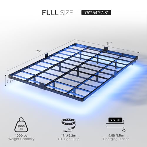 Floating Bed Frame Full Size Metal with LED Light & Charging Station, view 3