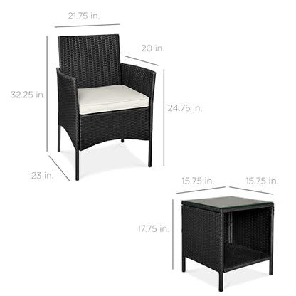 Best Choice Products 3-Piece Outdoor Wicker Conversation Bistro Set, Space Saving Patio Furniture for Garden w/Side Table - Black/White Sand