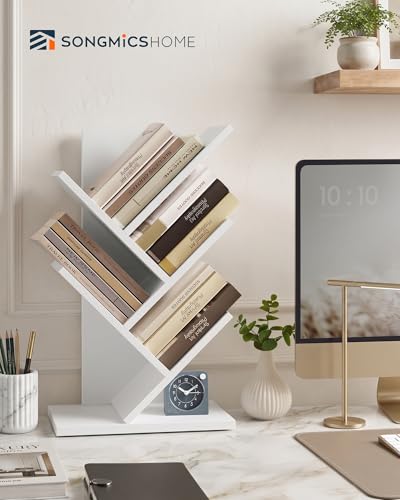 5 Tier Tree Bookshelf, Bookcase, Small Corner Shelf, Space Saving Book Tree for Home Office, Bedroom, Living Room, White