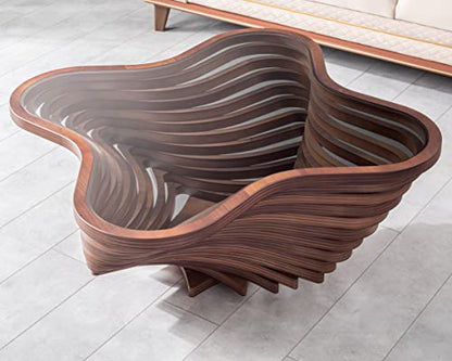 Papella Design Modern Coffee Table – Natural Walnut Veneer, Tempered Glass Top, Layered Wave Design, Rustic Wood, Contemporary Living Room Table, Luxury Home & Office Decor, Mesa de Centro para Sala.