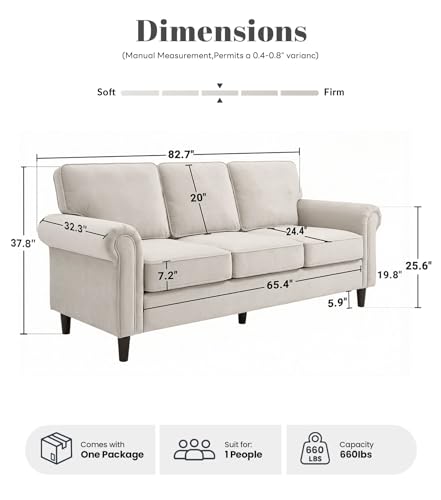 3 Seater Couch, Mid Century Modern Sofa with Rolled Arms and Deep Seats, Fluffy Comfort for Living Room, Apartment, Easy Assembly, Beige
