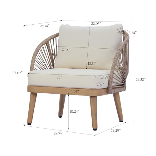 Lydia Set of 2 Boho Patio Furniture Acacia Wood Club Chairs, Outdoor Lounge Chairs, Modern Tub Accent Chairs/Arm Chairs with Rope Woven and Removable Cushions, Natural+Beige