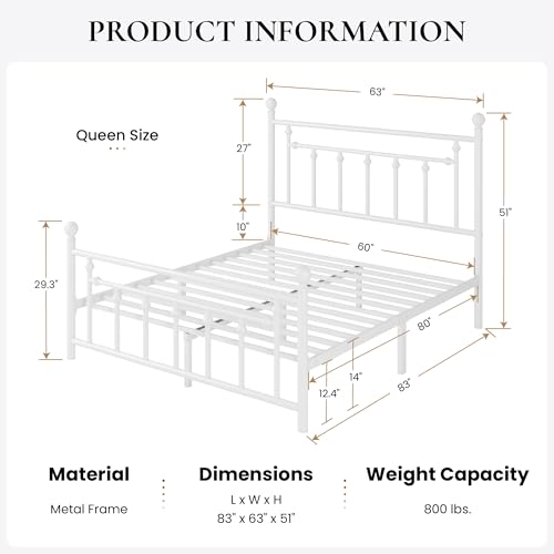 Metal Platform Bed Frame with Victorian Headboard and White Steel Slats, view 3