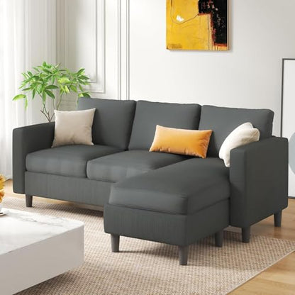 3-Seat Reversible Sectional Sofa with Convertible Ottoman, Modern Ribbed Fabric L-Shaped Couch for Living Room, Small Apartment & Office, Easy Tool-Free Assembly, Grey