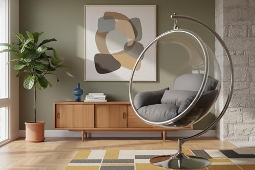 Meridian Furniture 507Grey Luna Collection Modern | Contemporary Clear Acrylic Accent Swing Chair with Durable Metal Base and Fabric Seat, Grey, Chrome Finish, 41.5" W x 29.5" D x 64" H
