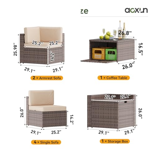 8 Piece Patio Furniture Set, Wicker Outdoor Furniture with Large Storage Table, Patio Conversation Sets with Waterproof Cover, Outdoor Sectional Sofas for Backyard Garden(Brown/Khaki)