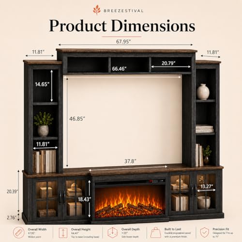 Black Farmhouse TV Stand with Fireplace, Entertainment Center, view 3